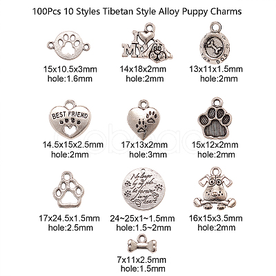 100Pcs 10 Styles Tibetan Style Alloy Puppy Pendants TIBEP-CJ0001-46-1