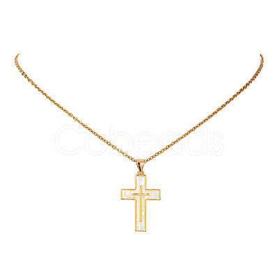 Natural Shell Cross Pendant Necklace with 304 Stainless Steel Chains NJEW-JN04435-1