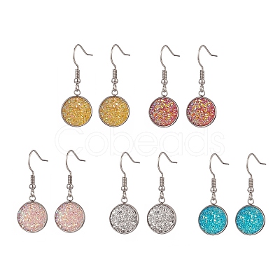 5 Pair 5 Color Bling Resin Flat Round Dangle Earrings EJEW-JE05155-1