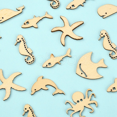 100Pcs Sea Theme Wood Canochons WOOD-CJ0001-61-1