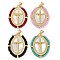 Rack Plating Brass Pave Shell Religion Jesus Cross Pendants, Oval Charms with Glass, Real 18K Gold Plated, Long-Lasting Plated, Lead Free & Cadmium Free, Mixed Color, 32x24x3mm, Hole: 4mm