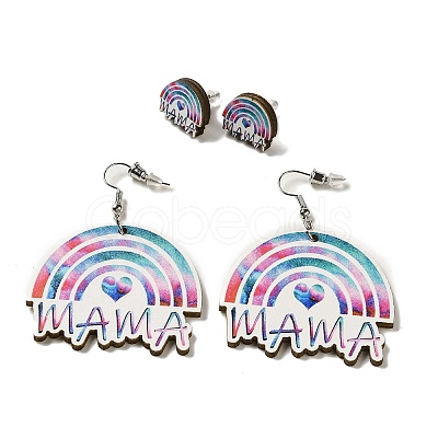 Mother's Day Theme Rainbow with Word Mama Wood Studs & Dangle Earrings Set SJEW-K002-05-1