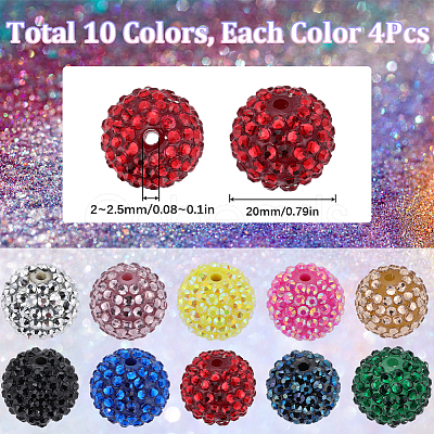 SUNNYCLUE 40Pcs 10 Style Round Resin Rhinestone Graduated Beads RESI-SC0003-01-1