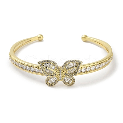 Rack Plating Brass Pave Clear Cubic Zirconia Butterfly Open Cuff Bangles for Women BJEW-R317-02G-1