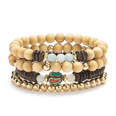 4Pcs 4 Style Natural Flower Amazonite & Synthetic Hematite & Wood Stretch Bracelets Set with Indonesia Beaded BJEW-JB08360-1