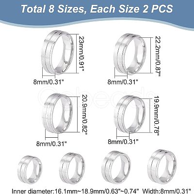 DICOSMETIC 16Pcs 8 Size 316 Stainless Steel Grooved Finger Ring for Men Women RJEW-DC0001-09A-1