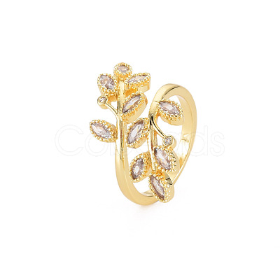 Cubic Zirconia Leaf Open Cuff Ring RJEW-S049-002G-1