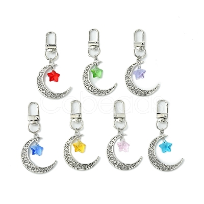 7Pcs 7 Colors Moon with Star Glass & Alloy Pendant Decoration HJEW-JM02109-1