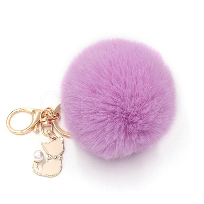 Imitation Rabbit Fur Pom-Pom & Cat Keychain PW-WG92087-06-1