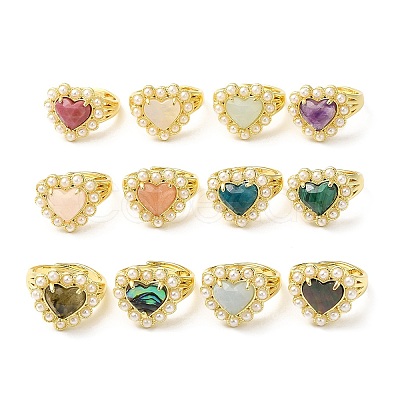 Ion Plating(IP) Natural Mixed Gemstone Heart Adjustable Ring with Plastic Pearl Beaded RJEW-E075-05G-1