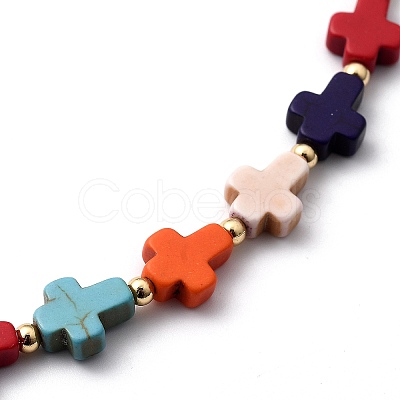 Cross Synthetic Turquoise Beaded Necklaces NJEW-JN03067-1