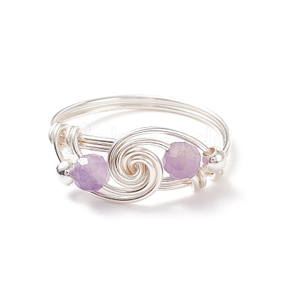 Natural Amethyst Beaded Spiral Finger Ring RJEW-TA00049-04-1