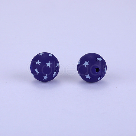 Printed Round with Star Pattern Silicone Focal Beads SI-JX0056A-103-1