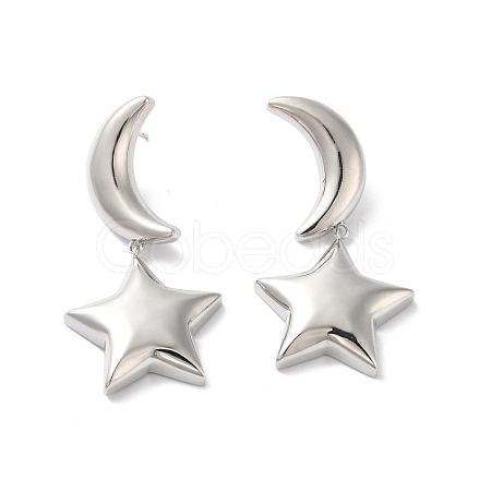 Long-Lasting Plated Brass Star and Moon Dangle Stud Earrings for Women EJEW-K093-27P-1