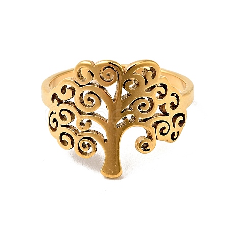 Ion Plating(IP) 201 Stainless Steel Tree of Life Finger Ring for Women RJEW-G266-03G-1