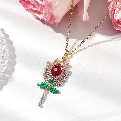 3Pcs 3 Styles Glass Seed Beaded Flower Pendant Necklaces NJEW-MZ00080-1