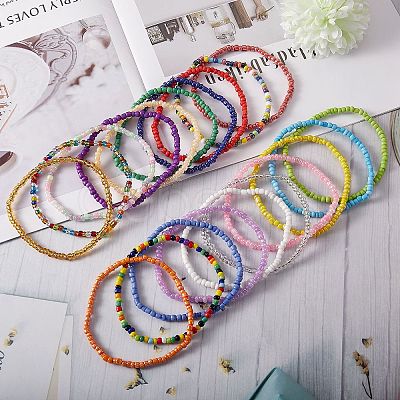 Candy Color Glass Seed Beads Stretch Anklets Set for Girl Women AJEW-SW00003-1