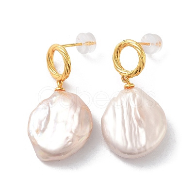 Flat Round Natural Pearl Stud Earrings for Women EJEW-E303-32G-1