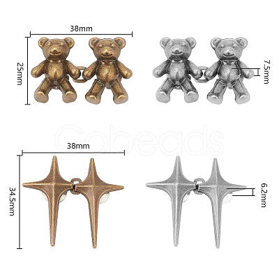 DELORIGIN 8Pcs 4 Style 4 Pointed Star & Bear Alloy Adjustable Jean Button Pins AJEW-DR0001-33-1