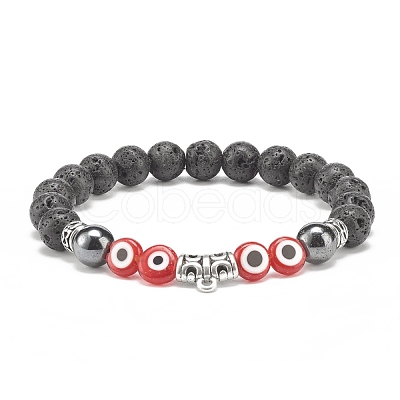 Natural Lava Rock & Synthetic Hematite Stretch Bracelet with Lampwork Evil Eye Beaded BJEW-JB08308-1