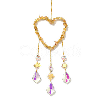 Heart Natural Yellow Quartz Chips Hanging Ornaments HJEW-G024-01C-1