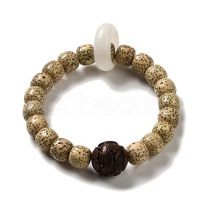 White Jade & Moon and Star Bodhi Beaded Stretch Bracelets with Sandalwood Flower BJEW-B080-03-1