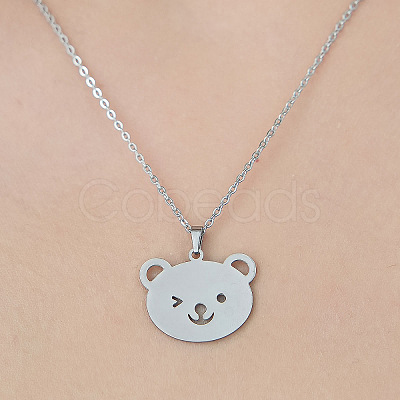 Non-Tarnish 201 Stainless Steel Hollow Bear Pendant Necklace NJEW-OY001-96-1