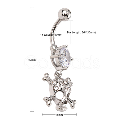 Piercing Jewelry Real Platinum Plated Brass Rhinestone Pirate Style Skull Navel Ring Belly Rings AJEW-EE0001-28-1