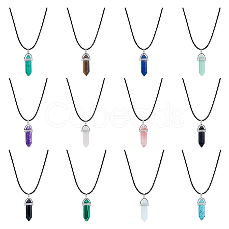 FIBLOOM 12Pcs 12 Styles Double Terminated Pointed Bullet Natural & Synthetic Mixed Gemstone Pendant Necklaces with Wax Cords NJEW-FI0001-44-1