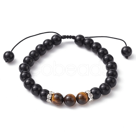 Natural Black Stone & Tiger Eye Round Braided Bead Bracelets BJEW-JB09728-1