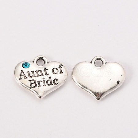 Wedding Theme Antique Silver Tone Tibetan Style Heart with Aunt of Bride Rhinestone Charms X-TIBEP-N005-09B-1