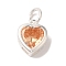 925 Sterling Silver Cubic Zirconia Heart Charms with Jump Rings, Silver Color Plated, Orange, 9.5x7.5x3.5mm, Hole: 3mm