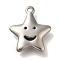 Anti-Tarnish 304 Stainless Steel Pendants, Star with Smiling Face Charm, Stainless Steel Color, 16.5x15.5x3.5mm, Hole: 1.4mm