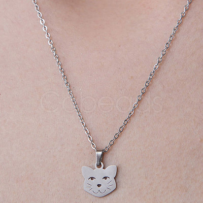 Non-Tarnish 201 Stainless Steel Cat Pendant Necklace NJEW-OY001-23-1