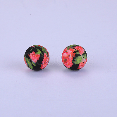 Printed Round with Flower Pattern Silicone Focal Beads SI-JX0056A-164-1