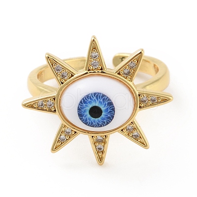 Cubic Zirconia Sun with Evil Eye Open Cuff Ring with Acrylic RJEW-B042-09G-02-1