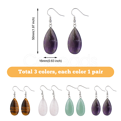 FIBLOOM 4 Pairs 4 Styles Natural Mixed Stone Teardrop Dangle Earrings with Steel Iron Pins for Women EJEW-FI0003-18-1