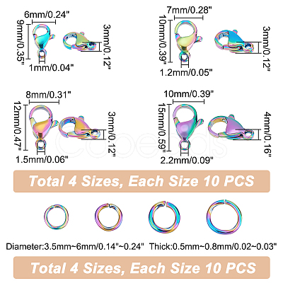 Unicraftale 40Pcs 4 Style Ion Plating(IP) Rainbow Color 304 Stainless Steel Lobster Claw Clasps STAS-UN0039-06-1