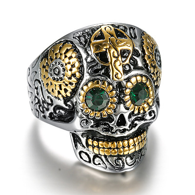 Two Tone 316 Surgical Stainless Steel Skull with Cross Finger Ring SKUL-PW0002-033D-GP-1