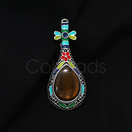 Natural Tiger Eye Musical Instrument Pipa Brooch with Enamel G-PW0007-054A-1