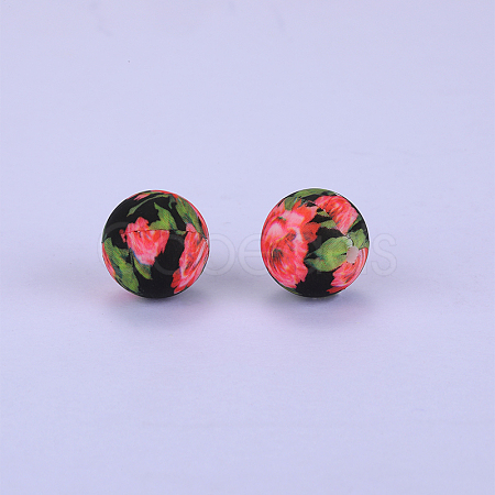 Printed Round with Flower Pattern Silicone Focal Beads SI-JX0056A-164-1