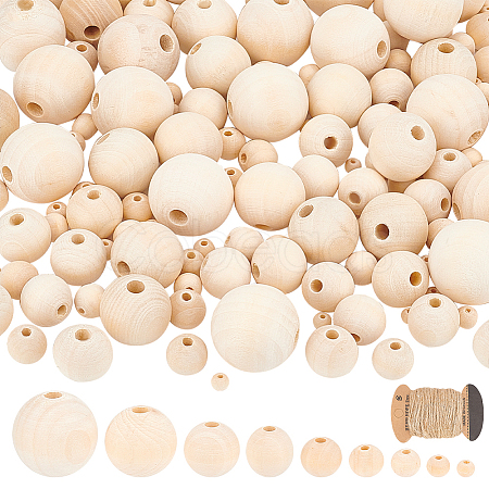  180Pcs 9 Sizes Round Natural Unfinished Wood Beads WOOD-NB0002-15-1
