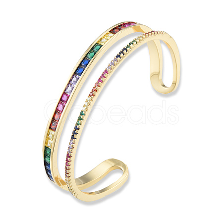 Colorful Cubic Zirconia Double Line Open Cuff Bangle BJEW-N014-011-1