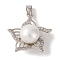 Rhodium Plated 925 Sterling Silver Micro Pave Clear Cubic Zirconia Pendants, Star Charms with Round Natural Pearl & 925 Stamp, Real Platinum Plated, 23.5x22x10.5mm, Hole: 5x2.5mm