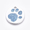 Enamel Pendants, with Platinum Plated Alloy Findings and Glitter Powder, Flat Round with Dog Paw Prints, Blue, 25x1.7mm, Hole: 2.6mm