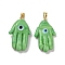 Handmade Lampwork Pendants, with Real 18K Gold Plated Brass Findings, Cadmium Free & Lead Free, Hamsa Hand/Hand of Miriam with Evil Eye, Lime Green, 30x17x5.5mm, Hole: 5x3.5mm