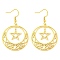 304 Stainless Steel Dangle Earrings for Women, Moon with Star, Real 18K Gold Plated, 41x30mm