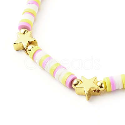 Handmade Polymer Clay Beads Stretch Bracelets Sets, with Brass Beads and Acrylic Enamel Beads, Happy, Yellow, Inner Diameter