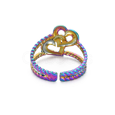 Rainbow Color 304 Stainless Steel Interlocking Heart Cuff Ring RJEW-N038-043M-1