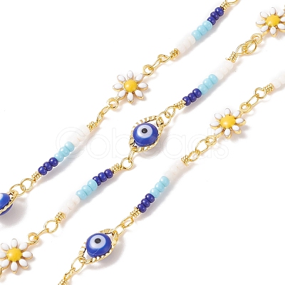 Brass Enamel Flower & Horse Eye Link Chains CHC-P009-18G-1